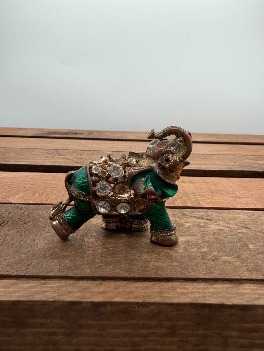 Vintage Jeweled Elephant Trinket Box Green Enamel Rhinestone Hinged Figurine-2”